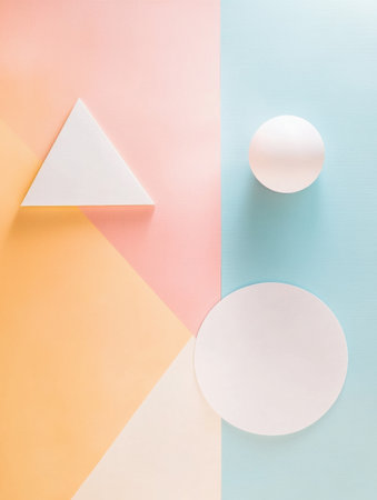 Soft pastels create a calming backdrop, while white geometric shapes add minimalism, perfect for creative projects.の素材