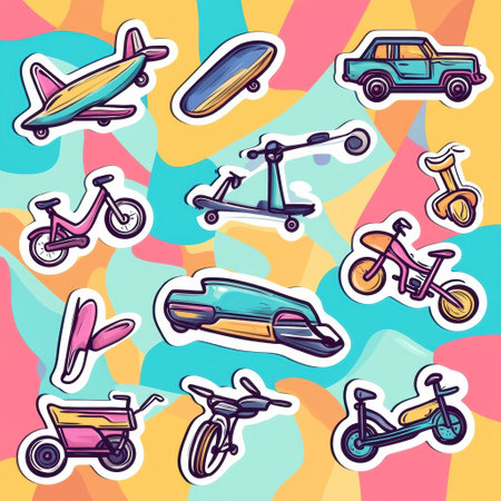 Colorful collection of transportation stickers showcases planes, bikes, scooters, and skateboards, highlighting vibrant designs against a lively backdrop.の素材