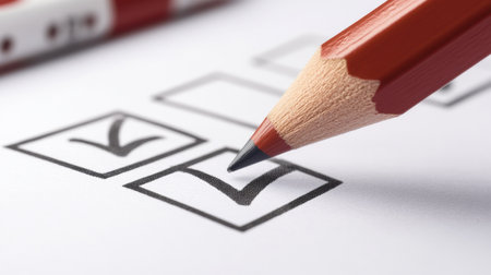 A red pencil marks a checkbox on a ballot paper, showing an essential act of voting in a simple yet significant political process.の素材
