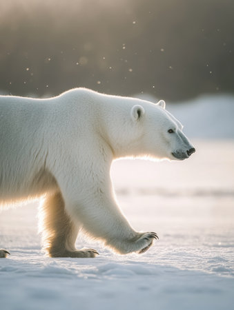 A polar bear moves slowly with a dignified posture, highlighting its smooth fur against the white, cold terrain during a tranquil winter moment.の素材