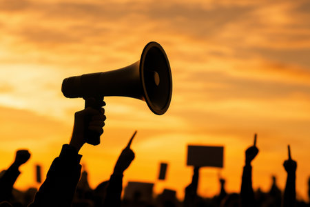 A crowd raises hands and a megaphone at a rally, with the sunset casting a warm glow and energizing the atmosphere.の素材