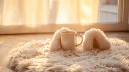 Morning light streams elegantly as cozy slippers and a warm mug rest on a fluffy mat, creating a peaceful atmosphere for a relaxing start to the day.の素材