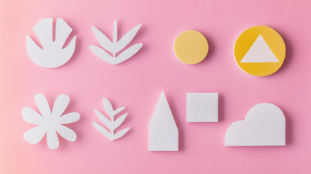 White sticker shapes like leaves and flowers are set against a soft pastel pink background, showing minimal design aesthetics.の素材