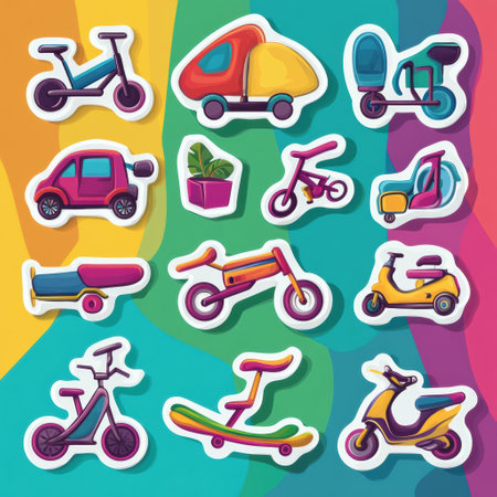 Colorful collection of transportation stickers includes various modes like bikes, scooters, and planes, set against a dynamic and lively abstract background.の素材