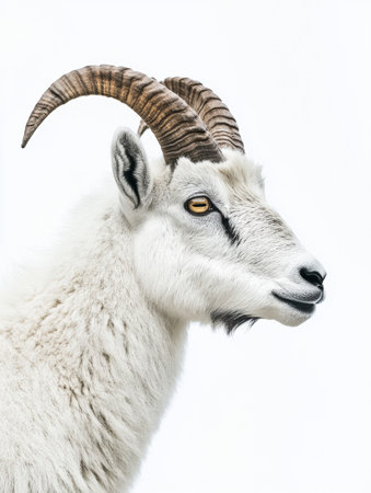 Side view of a mountain goat displaying its short beard and curved horns, perfectly contrasting with a white background.の素材