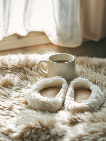 A pair of soft slippers and a warm mug rests on a fluffy mat, illuminated by gentle morning sunlight filtering through the window.の素材