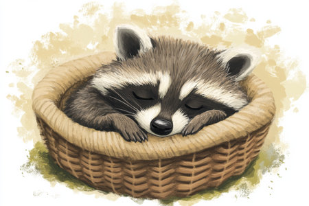A peaceful raccoon rests comfortably in a knitted basket, enjoying a serene nap in soft pastel colors. The warmth of the afternoon envelops the scene.の素材