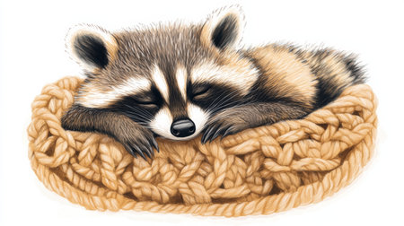 A raccoon sleeps peacefully in a cozy knitted basket, surrounded by pastel colors, capturing a serene nap time moment full of warmth.の素材