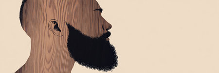 Silhouette showcases a detailed beard filled with natural wood grain patterns, emphasizing the artistry of facial hair against a clean backdrop.の素材