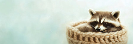 A sleepy raccoon is nestled comfortably in a knitted basket, embracing a serene nap time in a tranquil pastel setting.の素材