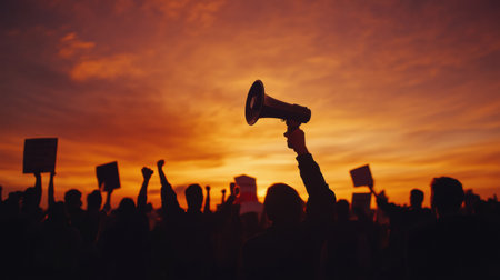 Crowd gathers at a political rally, with a megaphone raised against a backdrop of a warm sunset sky as voices rise in unity and purpose.の素材