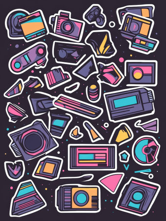 A vibrant collection of 90s retro stickers features funky shapes, bold outlines, VHS textures, and pastel gradients, capturing the playful spirit of the era.の素材