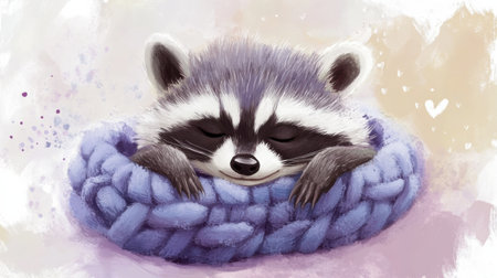 A cute raccoon softly snoozes in a knitted basket, surrounded by gentle pastel hues, capturing a peaceful nap time moment.の素材