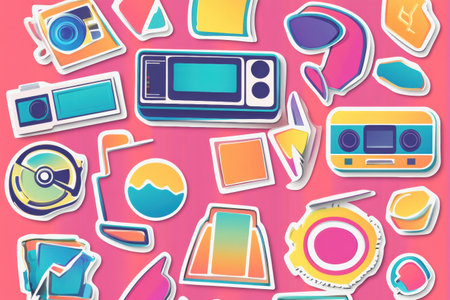 Colorful retro 90s stickers feature unique shapes and pastel gradients, adding a fun touch to your creative projects.の素材
