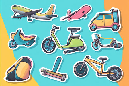 A collection of colorful transportation stickers showcasing various modes including planes, bikes, scooters, and skateboards against a dynamic background.の素材