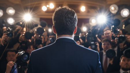 A politician delivers an energetic statement at a press conference surrounded by journalists and camera flashes, creating an engaged atmosphere for the event.の素材