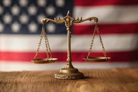 The scales of justice are placed against the backdrop of a waving national flag, representing the ideals of law and fairness in governance and society.の素材