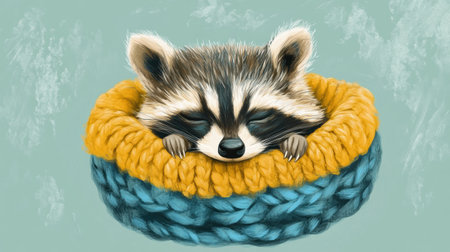 A sleepy raccoon snuggles in a knitted basket filled with colorful yarn, enjoying a cozy nap in a peaceful pastel environment.の素材