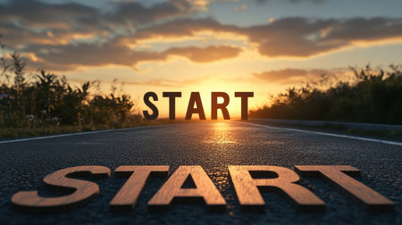 A serene asphalt road stretches towards a wooden sign that reads START, bathed in the warm glow of a setting sun, symbolizing new beginnings and opportunities.の素材