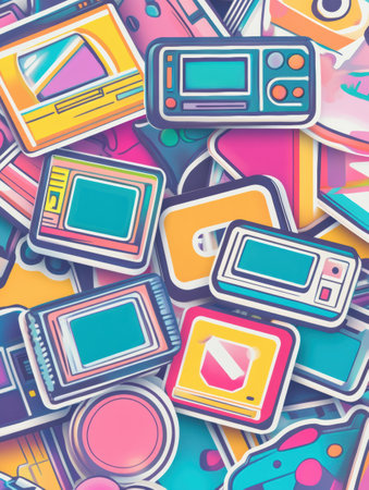 A colorful array of retro 90s stickers features funky shapes and pastel gradients, evoking nostalgia with VHS textures and bold outlines.の素材