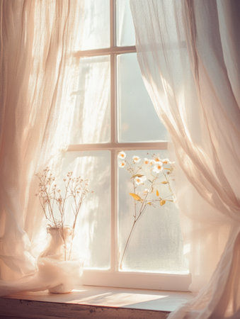 Sunlight fills the room as delicate curtains billow gently, revealing charming flowers placed by the window in a serene pastel morning atmosphere.の素材