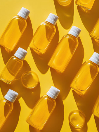Pet shampoo bottles are neatly arranged on a bright yellow background showing their clean labels and modern design, perfect for branding possibilities.の素材