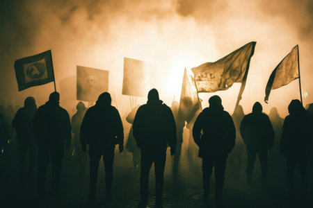 Protesters stand united in fog, holding banners high as their silhouettes are illuminated against the mist, embodying a powerful activist spirit at dusk.の素材