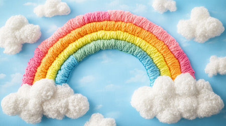 A vibrant rainbow crafted from stitched fabric textures arches gracefully through a sky filled with soft, fluffy clouds, creating a whimsical atmosphere.の素材