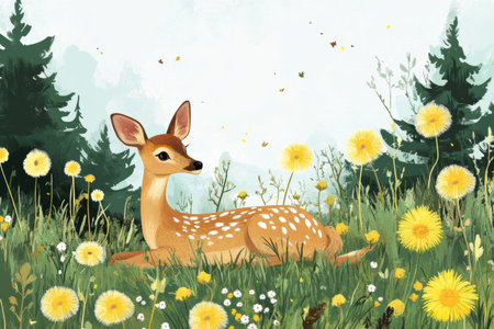 A serene deer lies comfortably in a vibrant field filled with dandelions and wildflowers, enjoying the calm atmosphere of nature.の素材