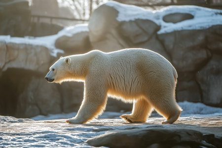 Polar bear moves gracefully across a snowy landscape, illuminated by soft cold light, showing its thick, warm fur during a tranquil moment.の素材