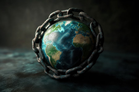 The Earth, bound by heavy chains, symbolizes political oppression and global control, prompting reflection on freedom.の素材