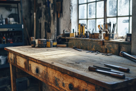 A rustic workshop features an old wooden workbench showcasing worn tools and stains, illuminated by natural light filtering through the window.の素材