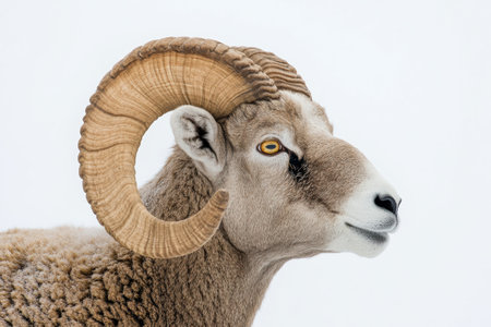 Close-up of a ram displaying impressive curved horns and textured wool against a plain white background, highlighting its majestic features and profile.の素材