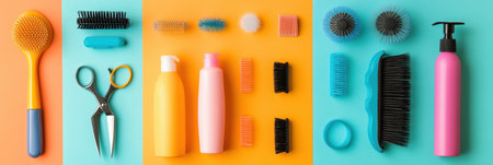 A well-arranged pet grooming set with scissors, brushes, shampoos, and sprays displayed on a bright, organized surface.の素材