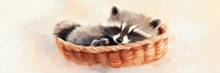 A cozy raccoon naps peacefully in a handmade basket, surrounded by gentle pastel hues and soft textures, highlighting a tranquil moment of rest.の素材