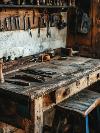 A weathered wooden workbench displays various aged tools and marks, surrounded by a rustic atmosphere enhanced by warm natural light.の素材