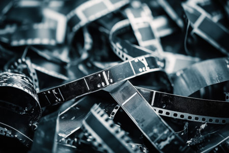 Black and white film strips are scattered artfully, showcasing the retro theme of photography and evoking nostalgia for film enthusiasts.の素材