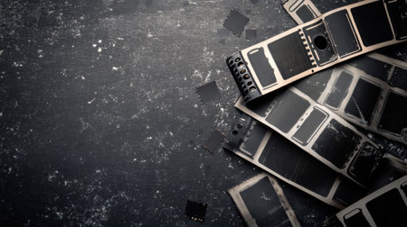 Black and white film strip frames lie scattered, evoking a retro photography theme with an artistic composition inspired by classic cinema.の素材