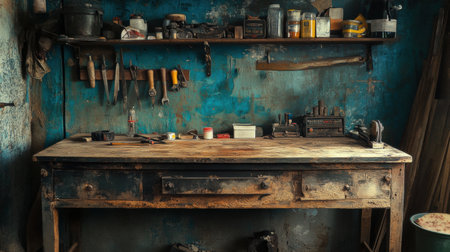 Old wooden workbench displays worn tools and stains, bathed in natural light, showcasing a rustic atmosphere of craftsmanship and history in a workshop.の素材