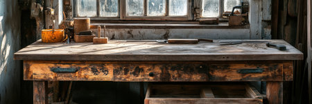 An old wooden workbench displays worn tools and various stains, illuminated by warm natural lighting that enhances its rustic charm.の素材