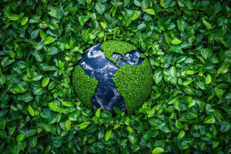 This visual depicts a globe made of vibrant green leaves, emphasizing the importance of environmental stewardship and sustainability for our planets future.の素材