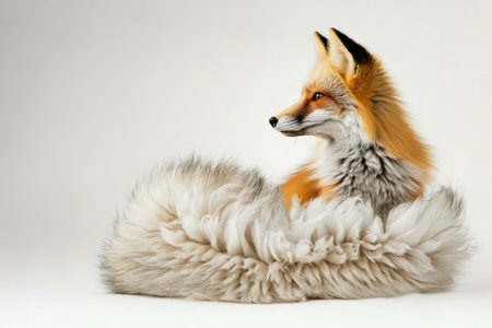 A red fox poses gracefully in profile, its bushy tail curled, set against a clean white background showing its distinctive coat.の素材