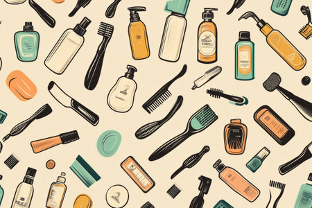Pattern showcases various beard icons, razors, and grooming bottles on a muted background, perfect for themed decor or design projects related to grooming.の素材
