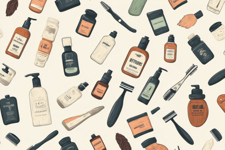 Design features beard motifs, razors, and grooming bottles on a soft muted backdrop, ideal for various grooming applications.の素材