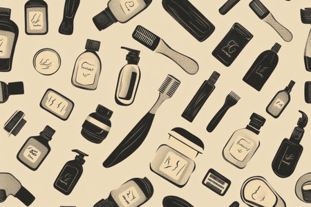 This seamless pattern showcases various beard icons, razors, and grooming bottles against a soft, muted backdrop, perfect for grooming product designs.の素材