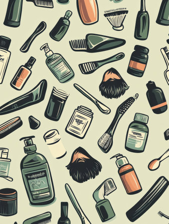 This seamless pattern features beard icons, razors, and grooming bottles on a muted backdrop, ideal for grooming fans and designers.の素材