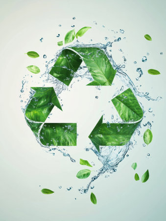 A vibrant recycling icon showcases flowing water and green leaves, representing an eco-friendly approach to nature conservation and hygiene in a clean setting.の素材