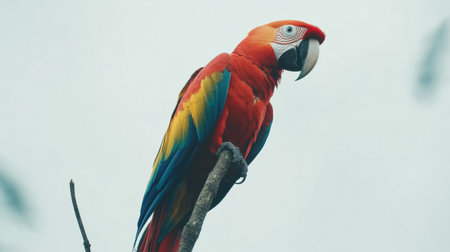 A scarlet macaw perches on a slender branch against a white backdrop, showing its stunning, vibrant feathers.の素材