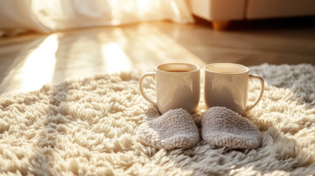 Slippers rest comfortably near two mugs on a soft mat, bathed in gentle sunlight during a peaceful morning moment at home.の素材