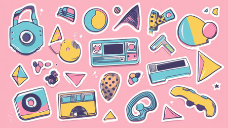 Colorful and playful collection of retro 90s stickers displaying funky shapes and textures with VHS inspiration and pastel gradients on a lively backgroundの素材